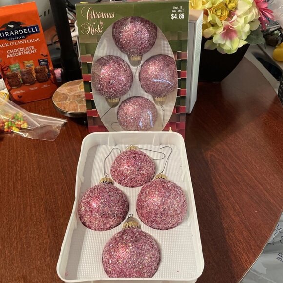 Vintage Christmas By Krebs Round Pink Embellished Glass Ornaments - Set of 8 - Picture 1 of 5